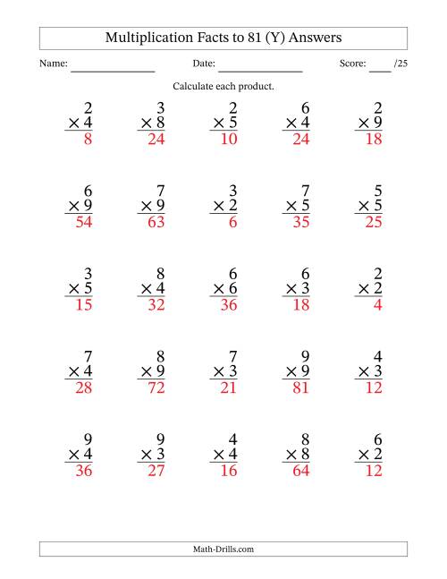 The Multiplication Facts to 81 (25 Questions) (No Zeros or Ones) (Y) Math Worksheet Page 2