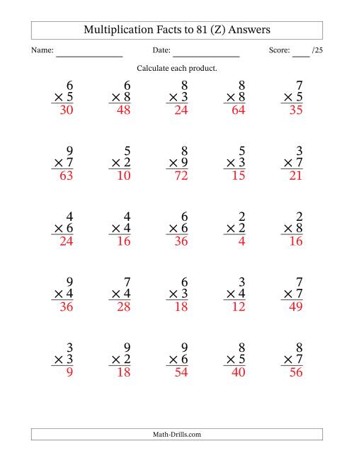 The Multiplication Facts to 81 (25 Questions) (No Zeros or Ones) (Z) Math Worksheet Page 2