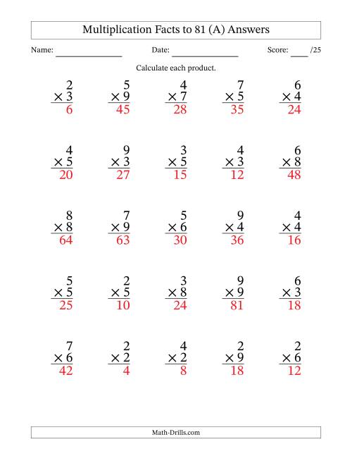 The Multiplication Facts to 81 (25 Questions) (No Zeros or Ones) (All) Math Worksheet Page 2