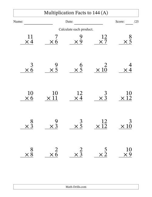The Multiplication Facts to 144 (25 Questions) (No Zeros or Ones) (A) Math Worksheet