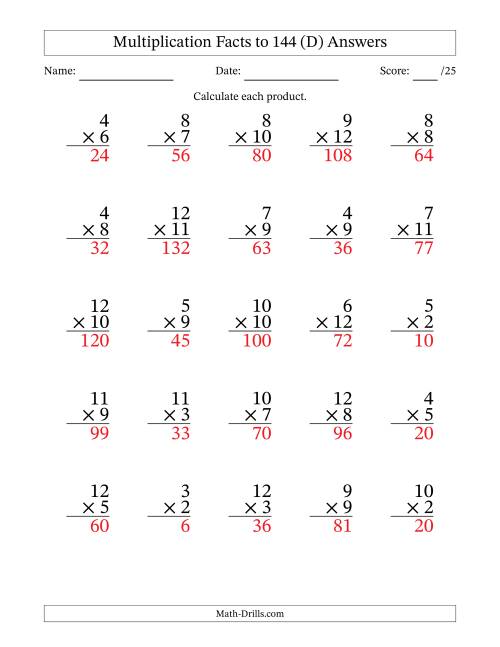 The Multiplication Facts to 144 (25 Questions) (No Zeros or Ones) (D) Math Worksheet Page 2