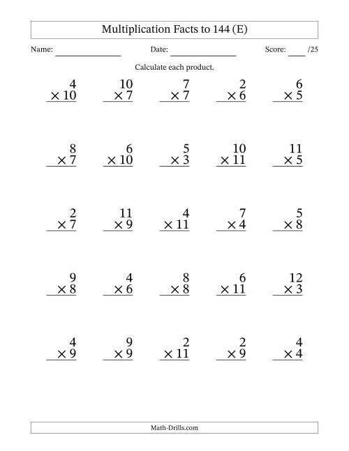 The Multiplication Facts to 144 (25 Questions) (No Zeros or Ones) (E) Math Worksheet