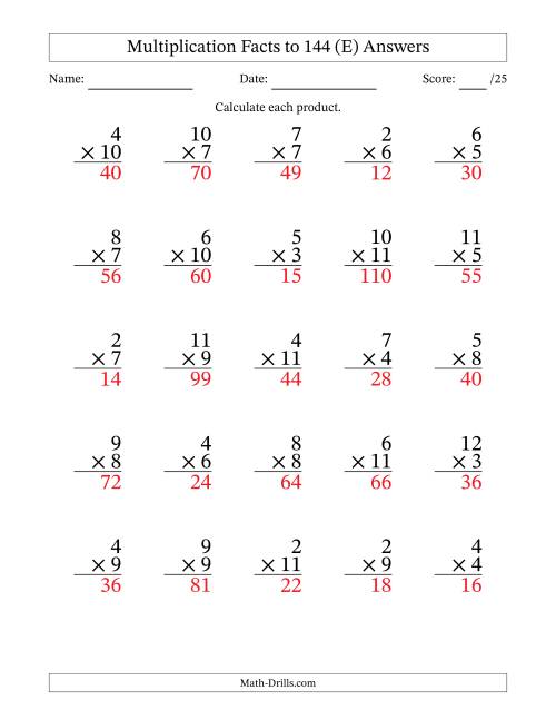 The Multiplication Facts to 144 (25 Questions) (No Zeros or Ones) (E) Math Worksheet Page 2