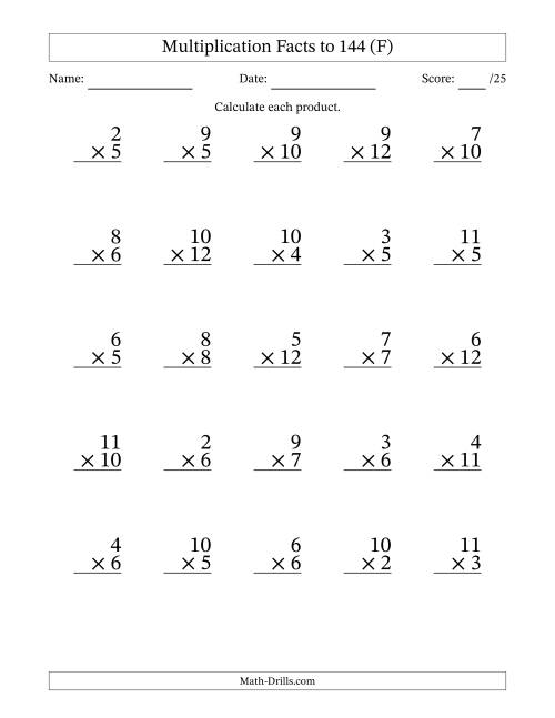 The Multiplication Facts to 144 (25 Questions) (No Zeros or Ones) (F) Math Worksheet