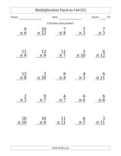 The Multiplication Facts to 144 (25 Questions) (No Zeros or Ones) (G) Math Worksheet