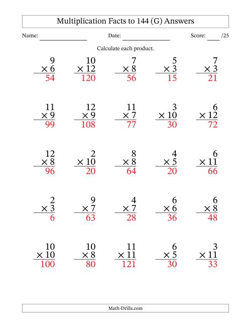 The Multiplication Facts to 144 (25 Questions) (No Zeros or Ones) (G) Math Worksheet Page 2