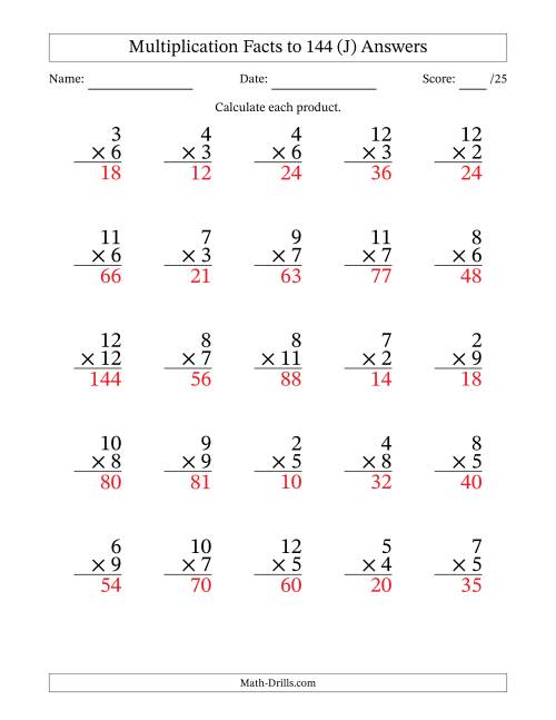 The Multiplication Facts to 144 (25 Questions) (No Zeros or Ones) (J) Math Worksheet Page 2