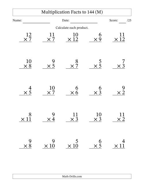 The Multiplication Facts to 144 (25 Questions) (No Zeros or Ones) (M) Math Worksheet