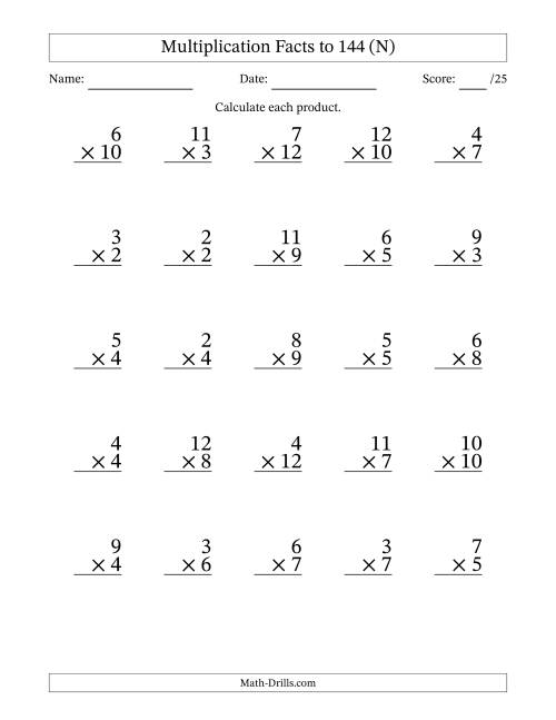 The Multiplication Facts to 144 (25 Questions) (No Zeros or Ones) (N) Math Worksheet