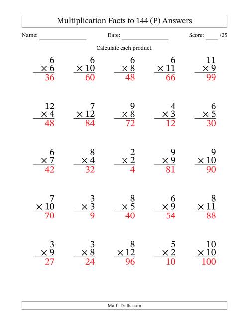 The Multiplication Facts to 144 (25 Questions) (No Zeros or Ones) (P) Math Worksheet Page 2
