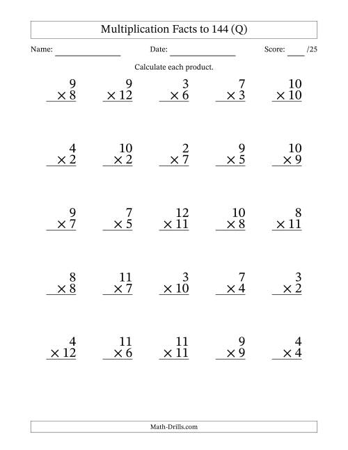 The Multiplication Facts to 144 (25 Questions) (No Zeros or Ones) (Q) Math Worksheet