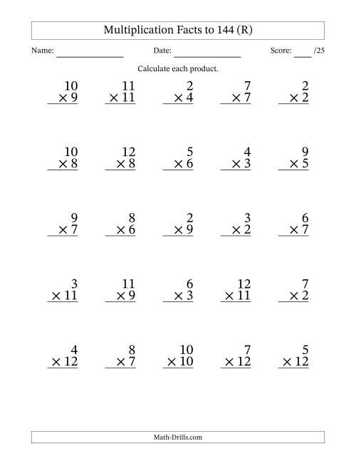 The Multiplication Facts to 144 (25 Questions) (No Zeros or Ones) (R) Math Worksheet