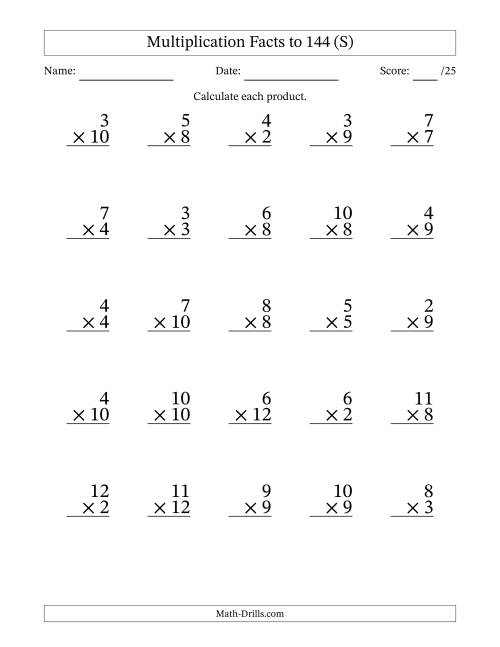 The Multiplication Facts to 144 (25 Questions) (No Zeros or Ones) (S) Math Worksheet