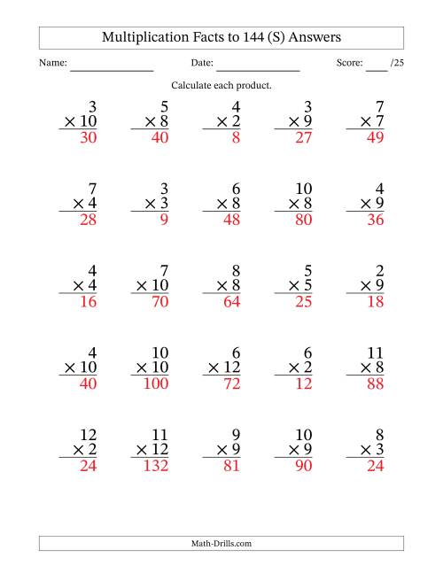 The Multiplication Facts to 144 (25 Questions) (No Zeros or Ones) (S) Math Worksheet Page 2