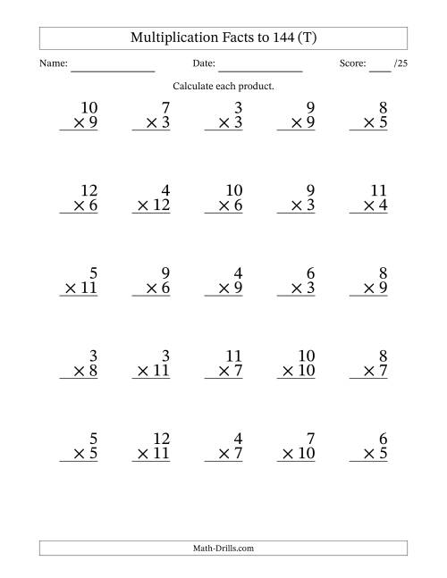 The Multiplication Facts to 144 (25 Questions) (No Zeros or Ones) (T) Math Worksheet