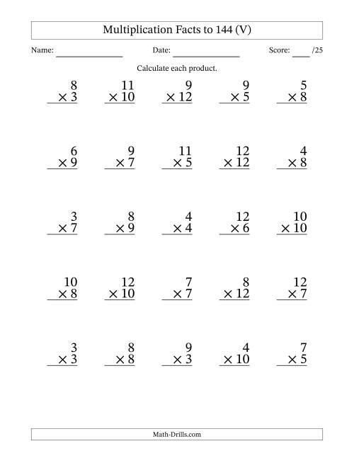 The Multiplication Facts to 144 (25 Questions) (No Zeros or Ones) (V) Math Worksheet