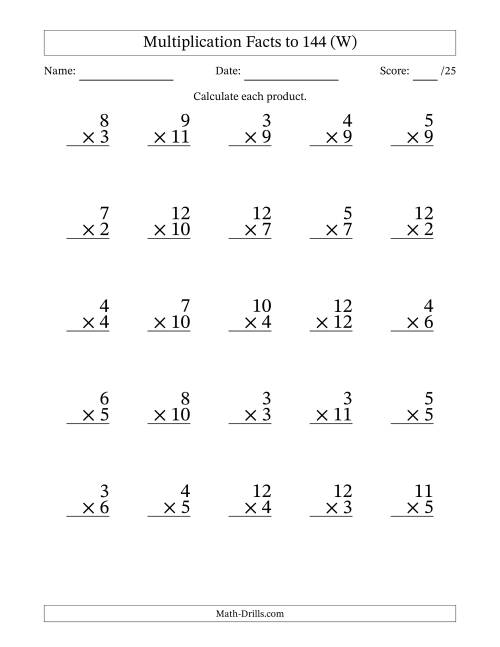 The Multiplication Facts to 144 (25 Questions) (No Zeros or Ones) (W) Math Worksheet