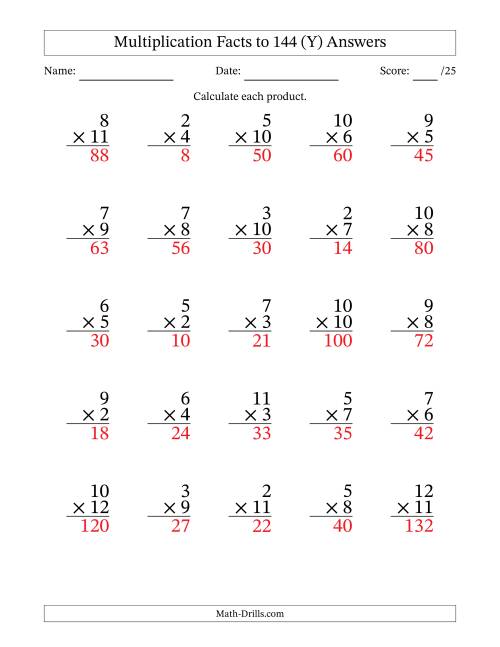 The Multiplication Facts to 144 (25 Questions) (No Zeros or Ones) (Y) Math Worksheet Page 2
