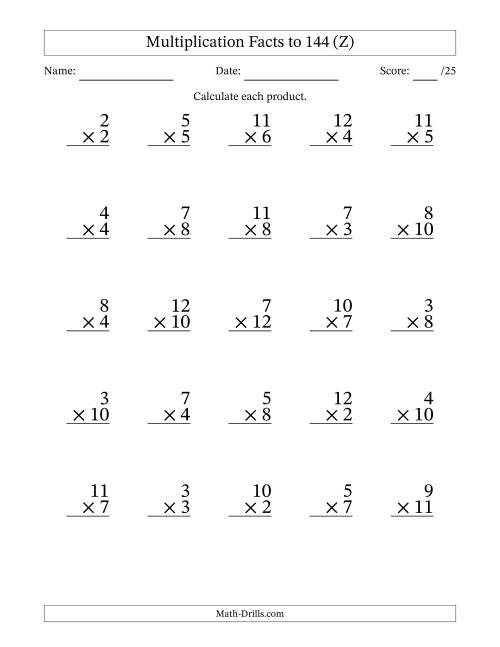 The Multiplication Facts to 144 (25 Questions) (No Zeros or Ones) (Z) Math Worksheet