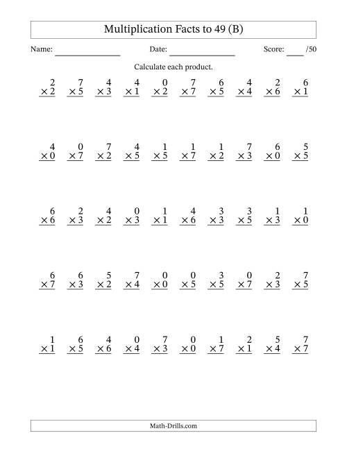 The Multiplication Facts to 49 (50 Questions) (With Zeros) (B) Math Worksheet