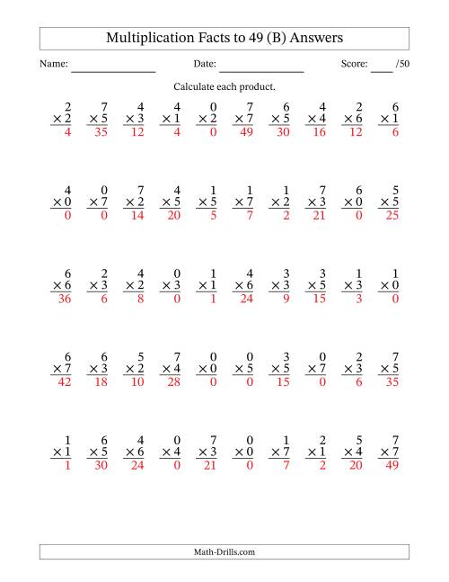 The Multiplication Facts to 49 (50 Questions) (With Zeros) (B) Math Worksheet Page 2