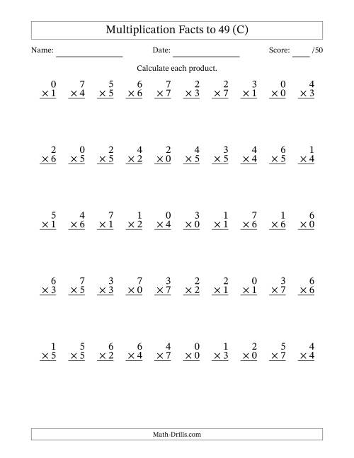 The Multiplication Facts to 49 (50 Questions) (With Zeros) (C) Math Worksheet