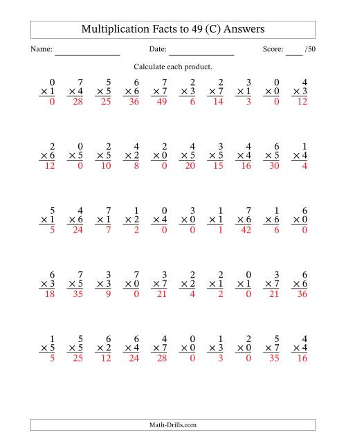 The Multiplication Facts to 49 (50 Questions) (With Zeros) (C) Math Worksheet Page 2