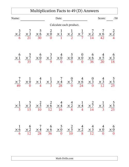 The Multiplication Facts to 49 (50 Questions) (With Zeros) (D) Math Worksheet Page 2