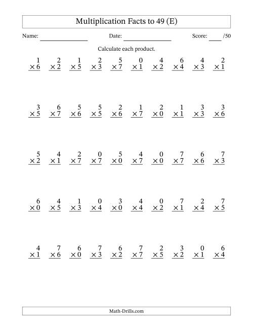 The Multiplication Facts to 49 (50 Questions) (With Zeros) (E) Math Worksheet
