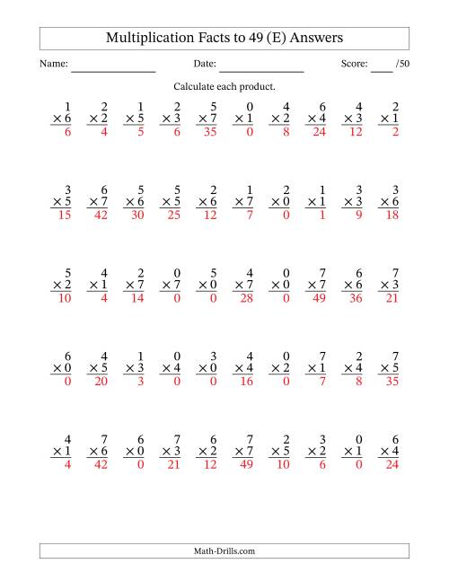 The Multiplication Facts to 49 (50 Questions) (With Zeros) (E) Math Worksheet Page 2