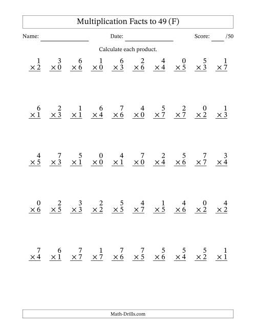 The Multiplication Facts to 49 (50 Questions) (With Zeros) (F) Math Worksheet