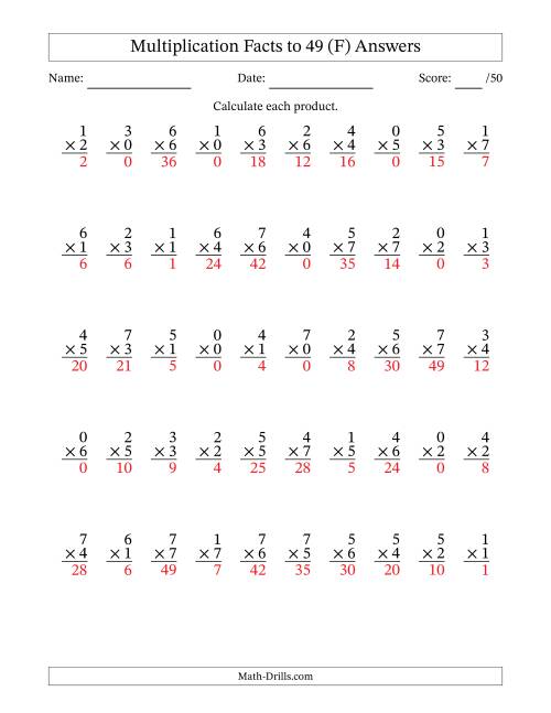 The Multiplication Facts to 49 (50 Questions) (With Zeros) (F) Math Worksheet Page 2