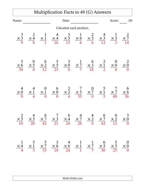 The Multiplication Facts to 49 (50 Questions) (With Zeros) (G) Math Worksheet Page 2