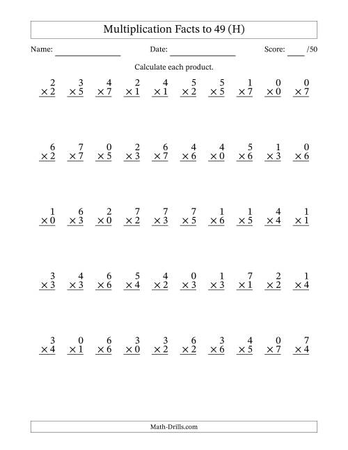 The Multiplication Facts to 49 (50 Questions) (With Zeros) (H) Math Worksheet