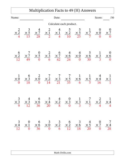 The Multiplication Facts to 49 (50 Questions) (With Zeros) (H) Math Worksheet Page 2