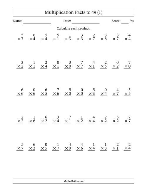 The Multiplication Facts to 49 (50 Questions) (With Zeros) (I) Math Worksheet