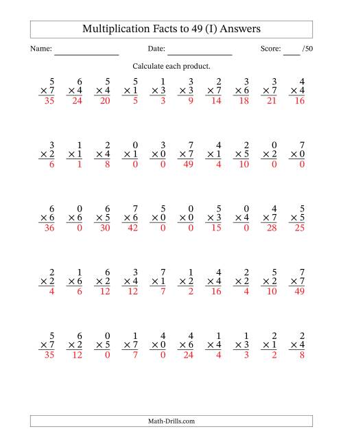 The Multiplication Facts to 49 (50 Questions) (With Zeros) (I) Math Worksheet Page 2