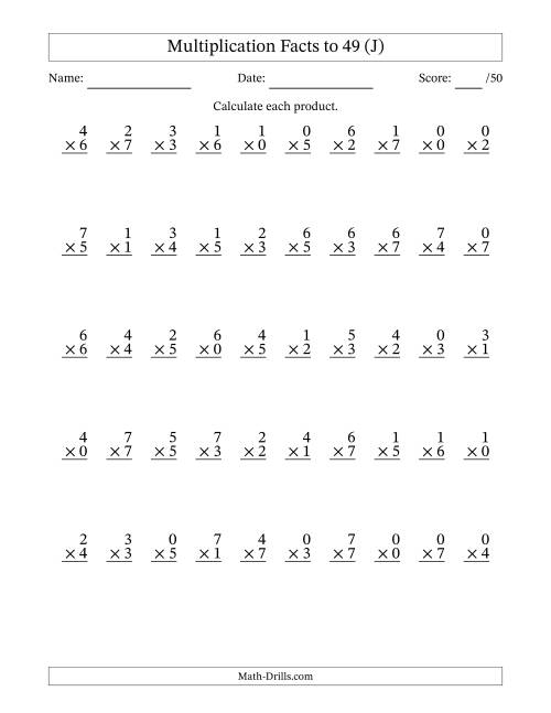 The Multiplication Facts to 49 (50 Questions) (With Zeros) (J) Math Worksheet