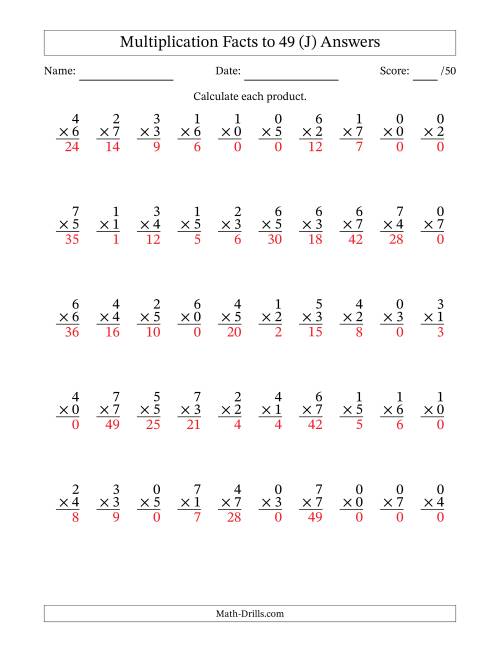 The Multiplication Facts to 49 (50 Questions) (With Zeros) (J) Math Worksheet Page 2