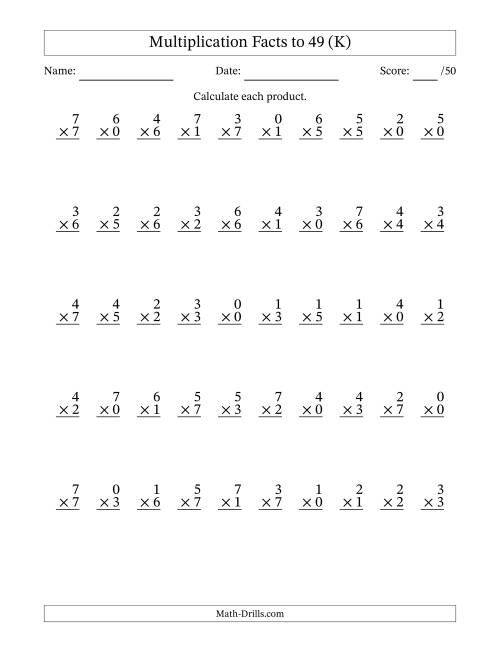 The Multiplication Facts to 49 (50 Questions) (With Zeros) (K) Math Worksheet