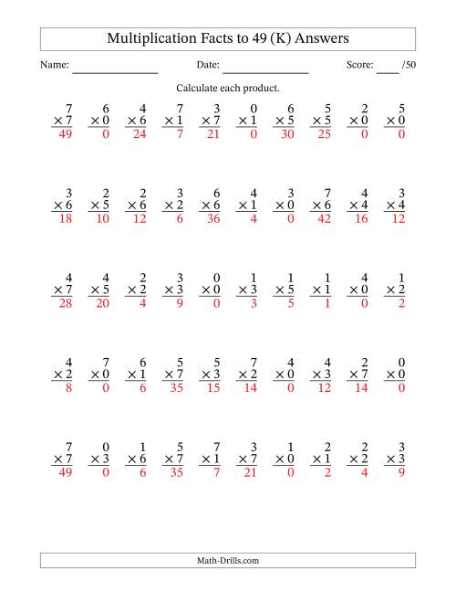 The Multiplication Facts to 49 (50 Questions) (With Zeros) (K) Math Worksheet Page 2