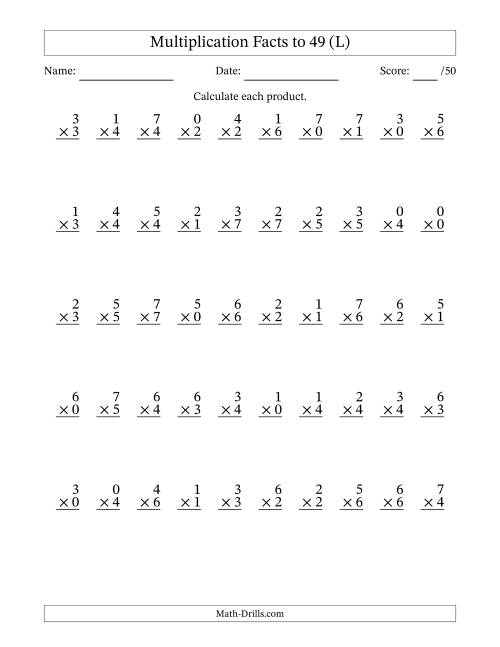 The Multiplication Facts to 49 (50 Questions) (With Zeros) (L) Math Worksheet