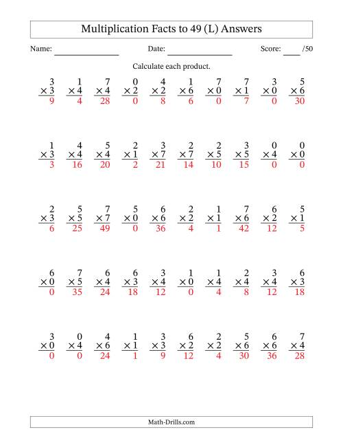 The Multiplication Facts to 49 (50 Questions) (With Zeros) (L) Math Worksheet Page 2