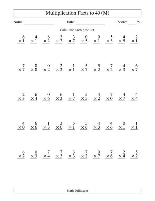 The Multiplication Facts to 49 (50 Questions) (With Zeros) (M) Math Worksheet