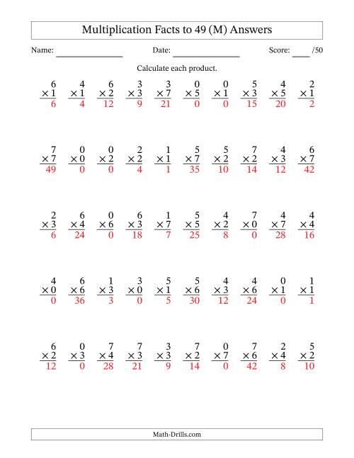 The Multiplication Facts to 49 (50 Questions) (With Zeros) (M) Math Worksheet Page 2