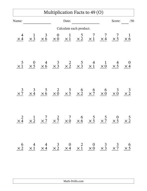 The Multiplication Facts to 49 (50 Questions) (With Zeros) (O) Math Worksheet