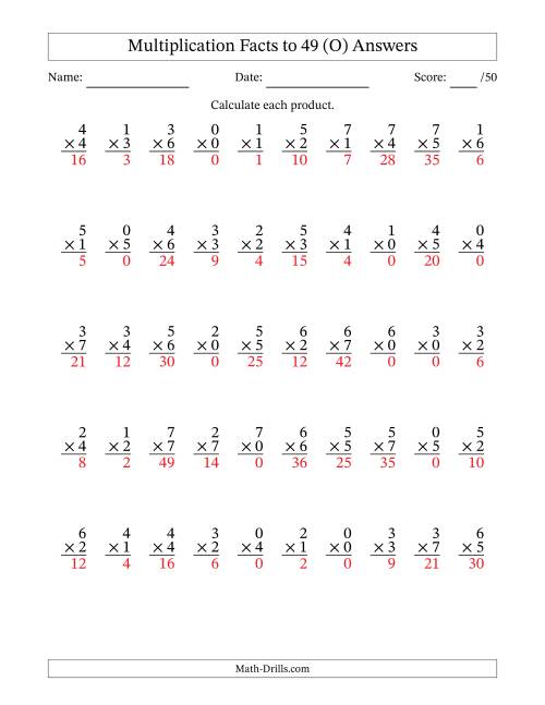 The Multiplication Facts to 49 (50 Questions) (With Zeros) (O) Math Worksheet Page 2