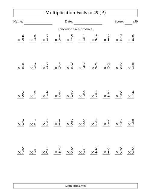 The Multiplication Facts to 49 (50 Questions) (With Zeros) (P) Math Worksheet