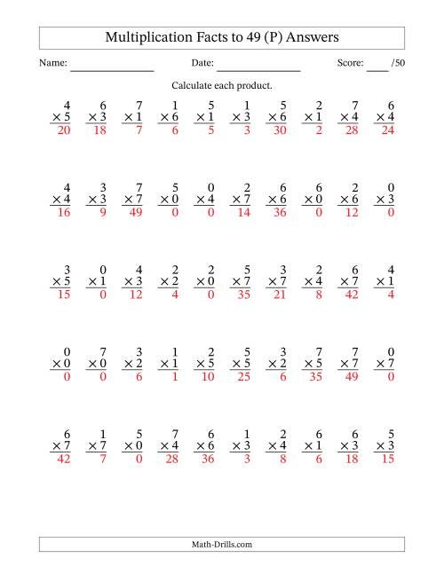 The Multiplication Facts to 49 (50 Questions) (With Zeros) (P) Math Worksheet Page 2