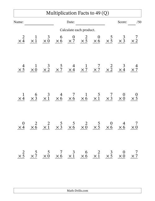 The Multiplication Facts to 49 (50 Questions) (With Zeros) (Q) Math Worksheet